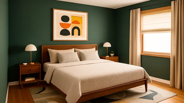 a bedroom with a bed and a painting on the wall