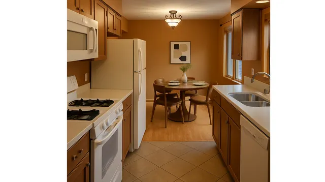 a kitchen with a sink stove and refrigerator