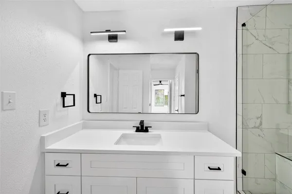 a bathroom with a sink a shower and a mirror
