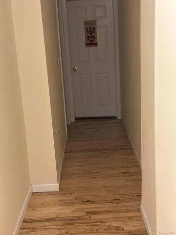 a backyard of a house with a garden and covered with tall trees