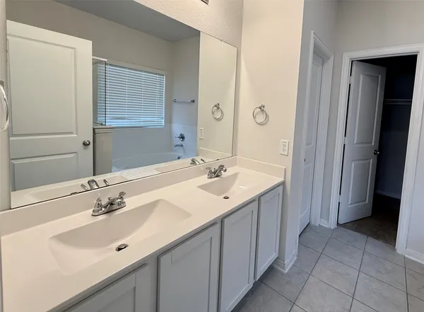a bathroom with a sink double vanity and a mirror