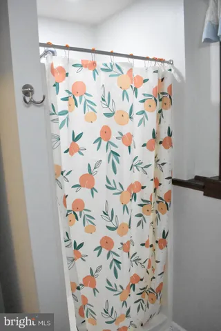 a bathroom with a shower curtain
