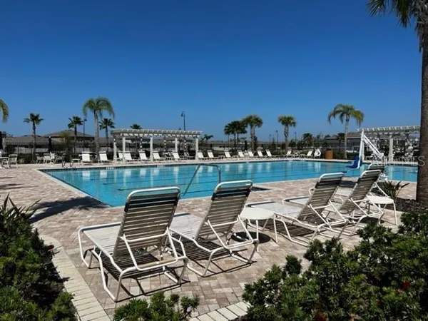 a view of a swimming pool with a bench