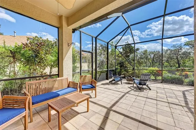 a building outdoor space with seating