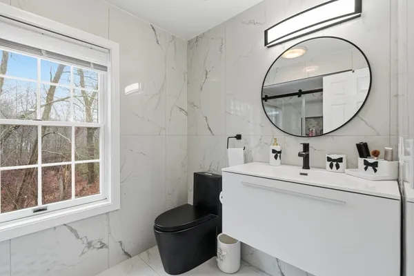 a bathroom with a toilet a sink and a mirror