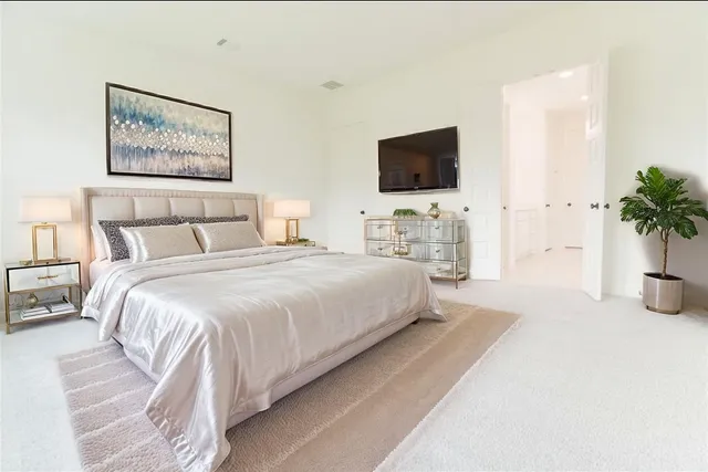 a bedroom with a bed and a flat screen tv