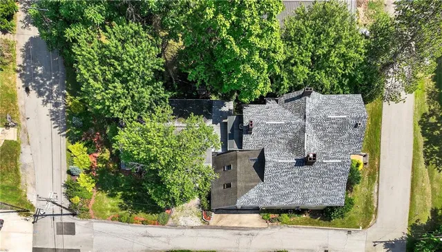 an aerial view of a house with plants and large trees