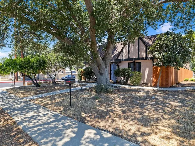 a tree in front of a white house