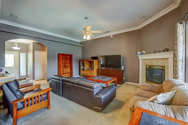 a living room with furniture a flat screen tv and a fireplace