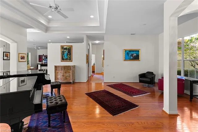 a living room with furniture and a table