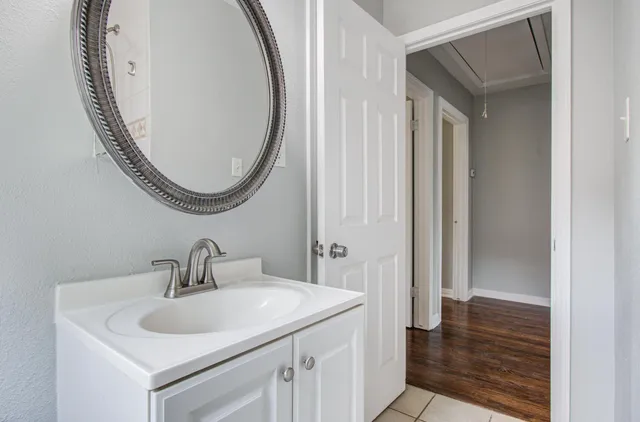 a bathroom with a sink and a mirror