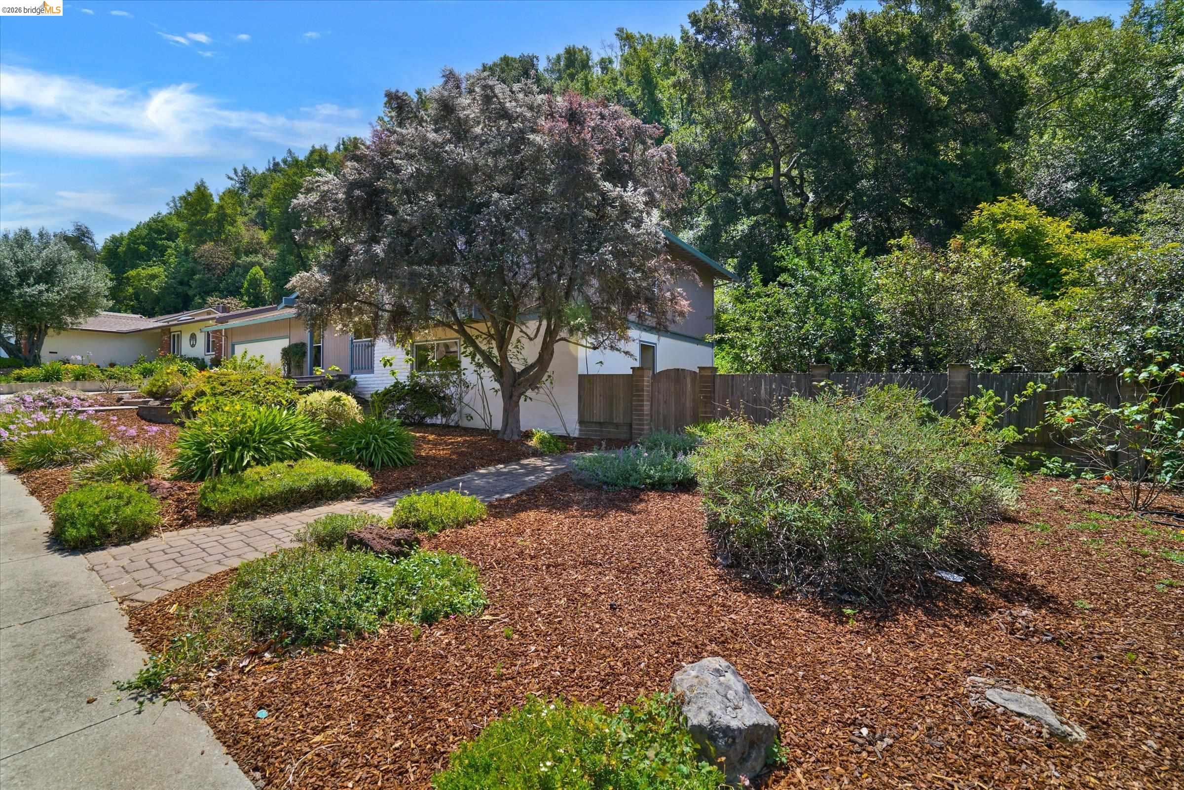 2826 Wright Avenue Pinole, CA 94564 - Photo 6 of 70 Exterior featuring a brick paver walkway, mature trees, wood mulch landscaping, and a wooden privacy fence