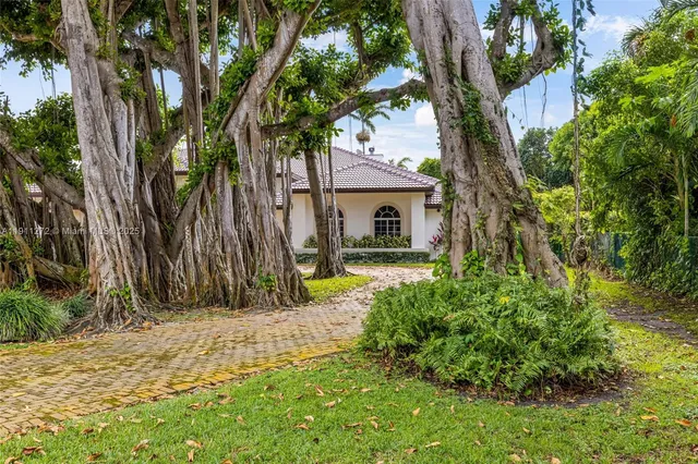 a view of house with backyard and trees