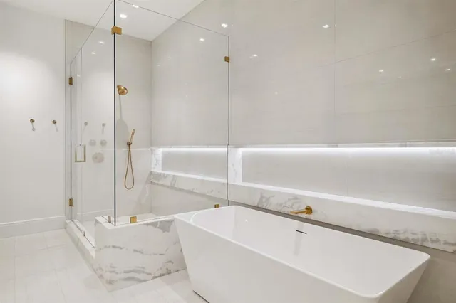 a bathroom with a bathtub and a shower