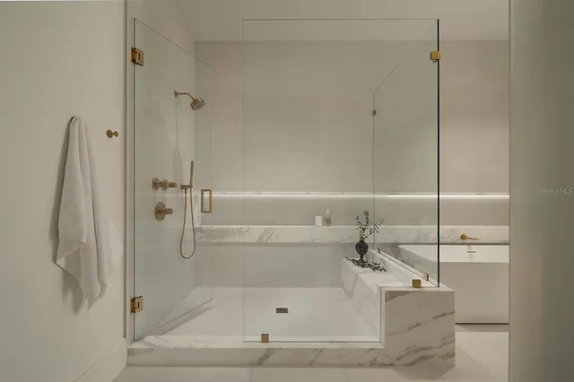 a bathroom with a bathtub and a shower