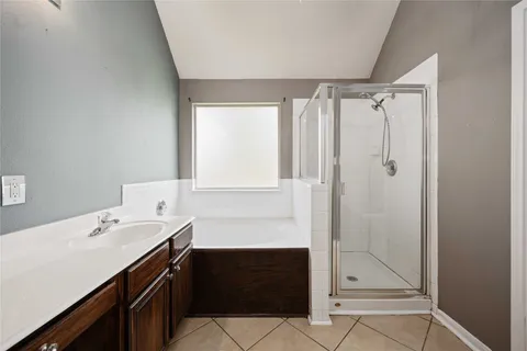 a bathroom with a double vanity sink a mirror and a shower