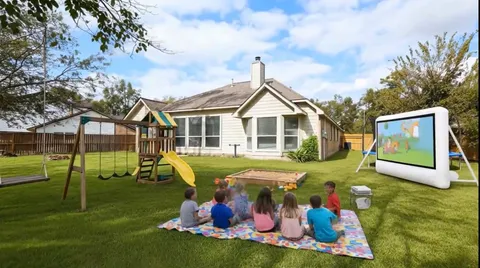a front view of a house with swimming pool having outdoor seating