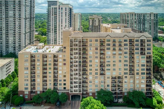 a city view with tall buildings