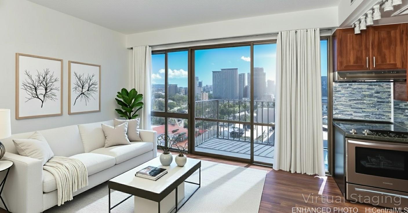 Nice Kakaako Skyline views from your living room. Enhanced