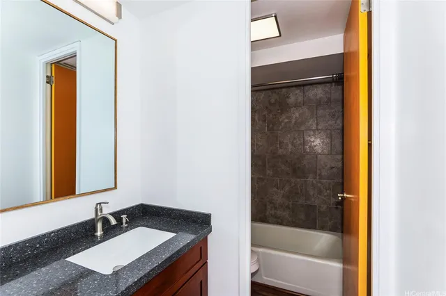 a bathroom with a sink and a mirror