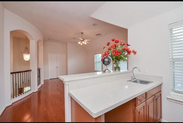 a bathroom with a sink vanity and a mirror