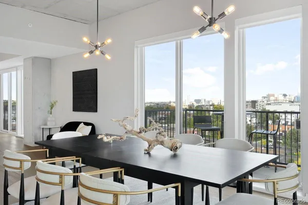 a view of a dining room with furniture window and outside view