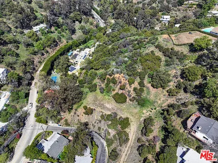 an aerial view of residential houses with outdoor space and trees