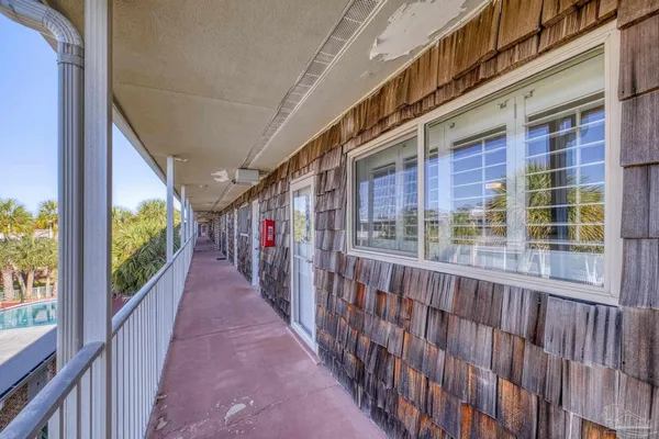 a view of a building from a balcony