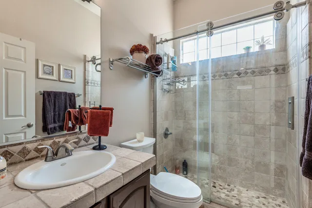 a bathroom with a sink toilet a mirror and shower
