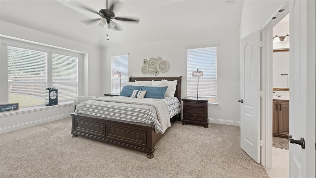 5216 Troupe Road McKinney, TX 75071 - Photo 19 of 40 Carpeted bedroom featuring a tray ceiling, ceiling fan, and multiple windows with blinds