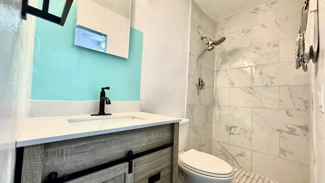 a bathroom with a sink a toilet and shower