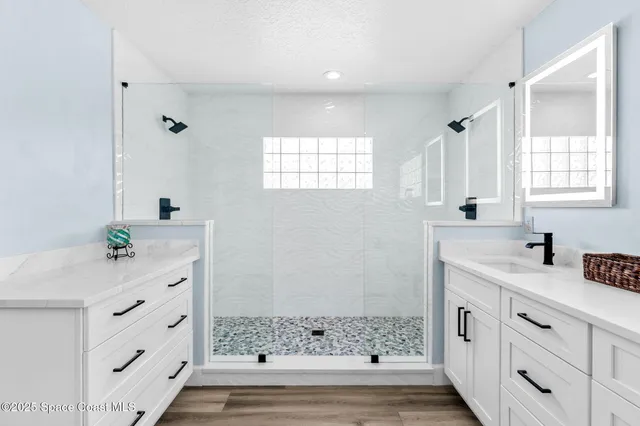 a bathroom with a sink a mirror and a shower