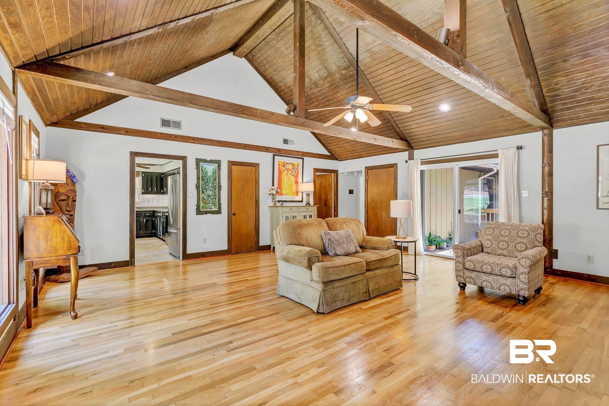 332 Ridgewood Drive Daphne, AL 36526 - Photo 16 of 48 Living area featuring high vaulted ceiling, light wood-style flooring, a wood ceiling with exposed beams, and ceiling fan