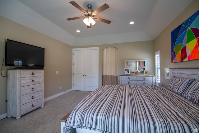 646 East 1400th Street North Mapleton, UT 84664 - Photo 25 of 78 Carpeted bedroom featuring a tray ceiling, recessed lighting, and a ceiling fan