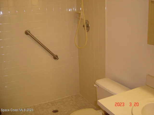 a bathroom with a shower and toilet