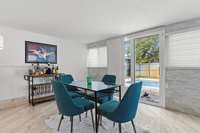 a view of a dining room with furniture window and outside view