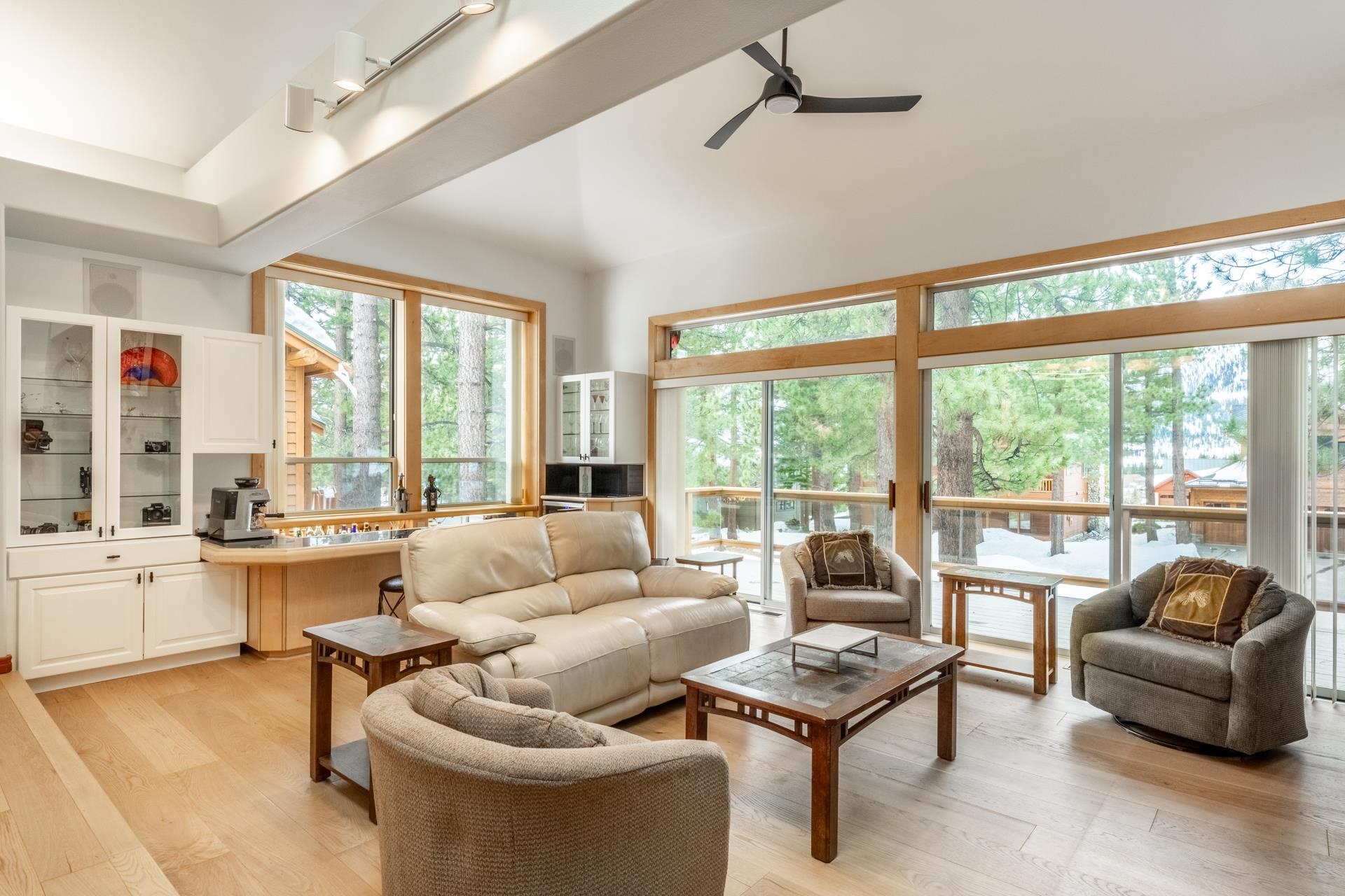 244 Ridge Way Mammoth Lakes, CA 93546 - Photo 7 of 49 Living area featuring light wood-style flooring, ceiling fan, and track lighting