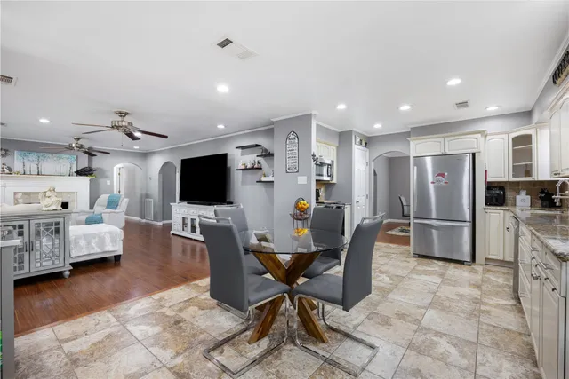 a view of a dining room with furniture