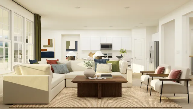 a living room with furniture a large window and a flat screen tv