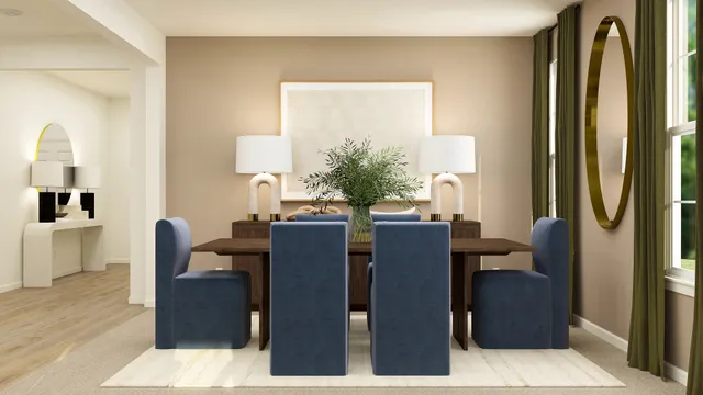 a dining room with furniture and a window