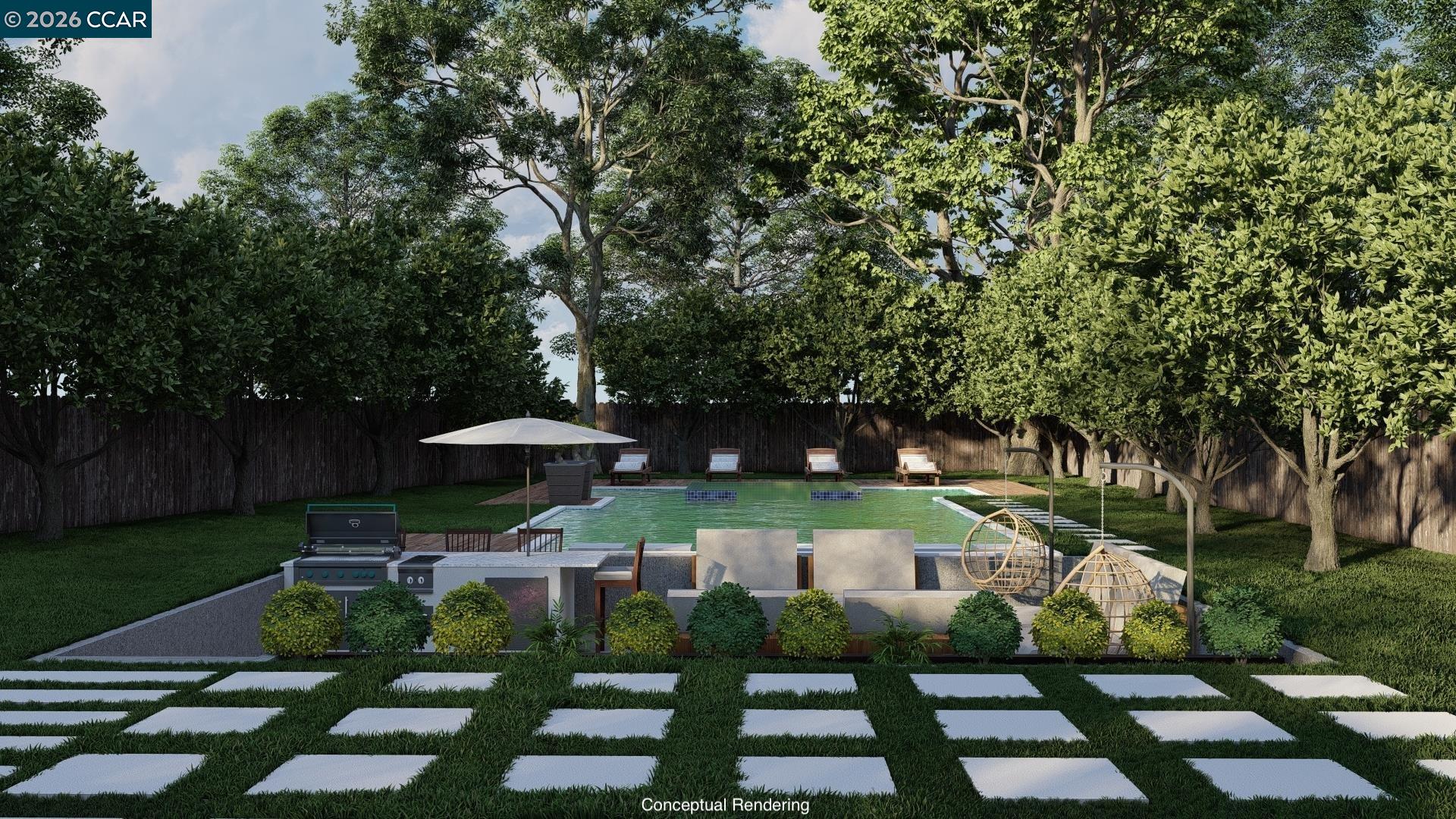 177 Oak Road Alamo, CA 94507 - Photo 77 of 85 a view of backyard with table and chairs under an umbrella