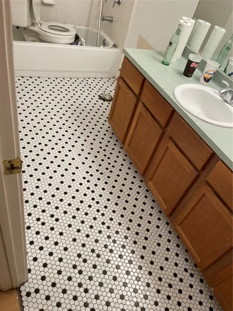 a bathroom with a sink a toilet a mirror a vanity and shower