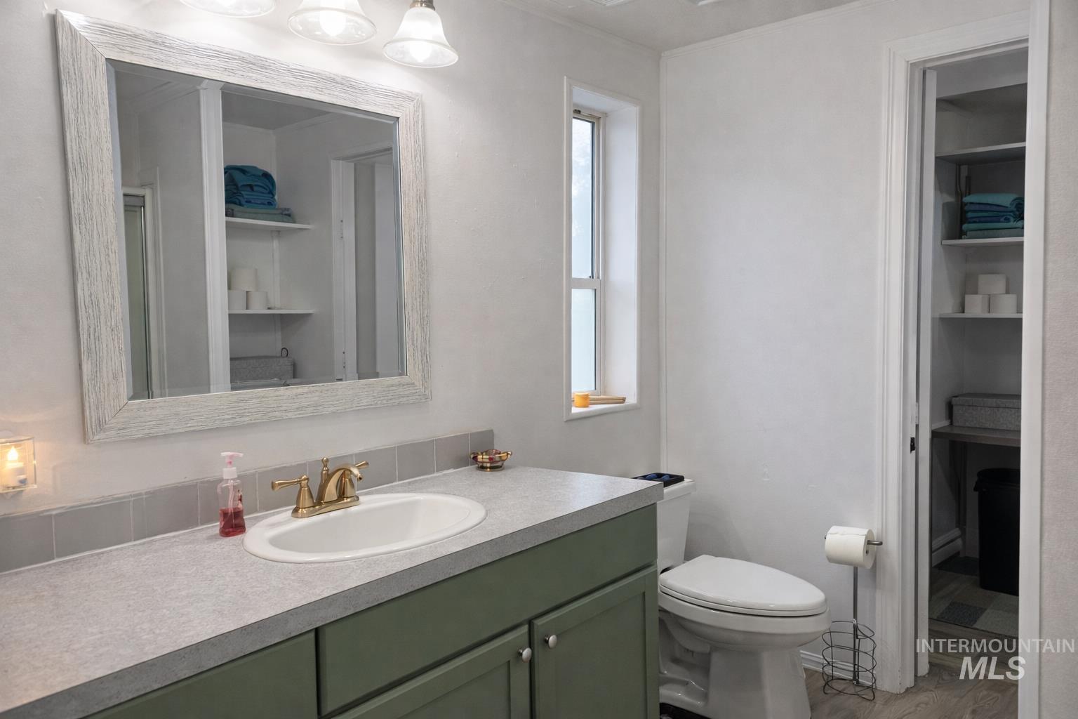 700 East Fairview Avenue, Unit 195 Meridian, ID 83642 - Photo 11 of 19 Half bath with built in shelves, vanity, and wood finished floors
