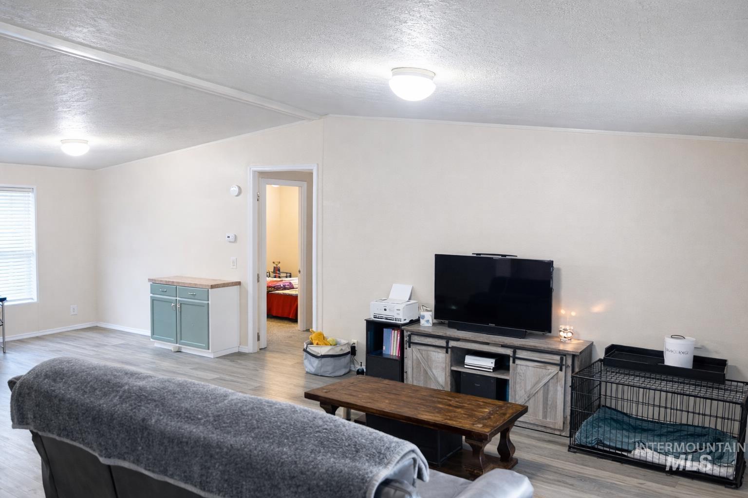 700 East Fairview Avenue, Unit 195 Meridian, ID 83642 - Photo 4 of 19 Living area featuring a textured ceiling, light wood-style floors, and lofted ceiling