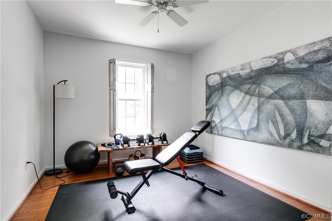 8126 Lethbridge Road Richmond, VA 23235 - Photo 23 of 40 Exercise area featuring wood flooring, a ceiling fan, and natural light