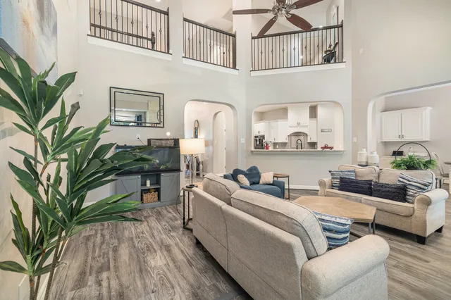 a living room with furniture and a potted plant
