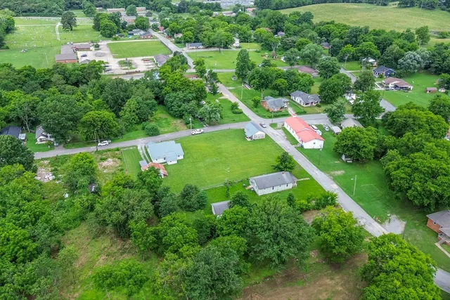 an aerial view of residential houses with outdoor space and trees