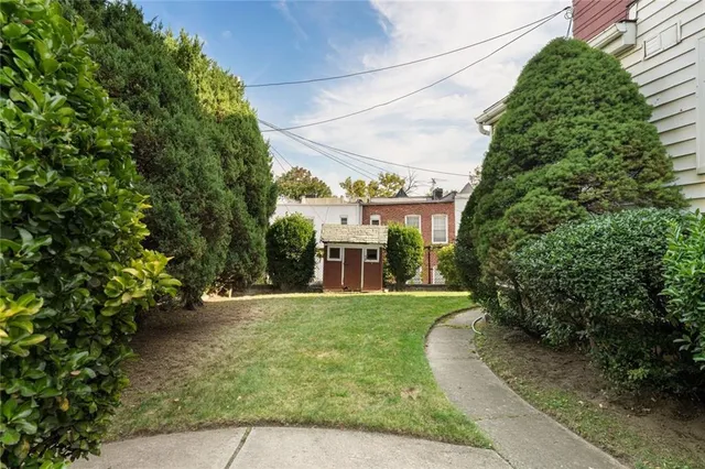 a view of a big yard with plants and large trees