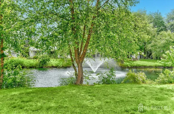 a view of a lake with a yard