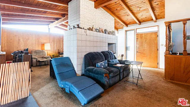 a living room with furniture a fireplace and next to a window